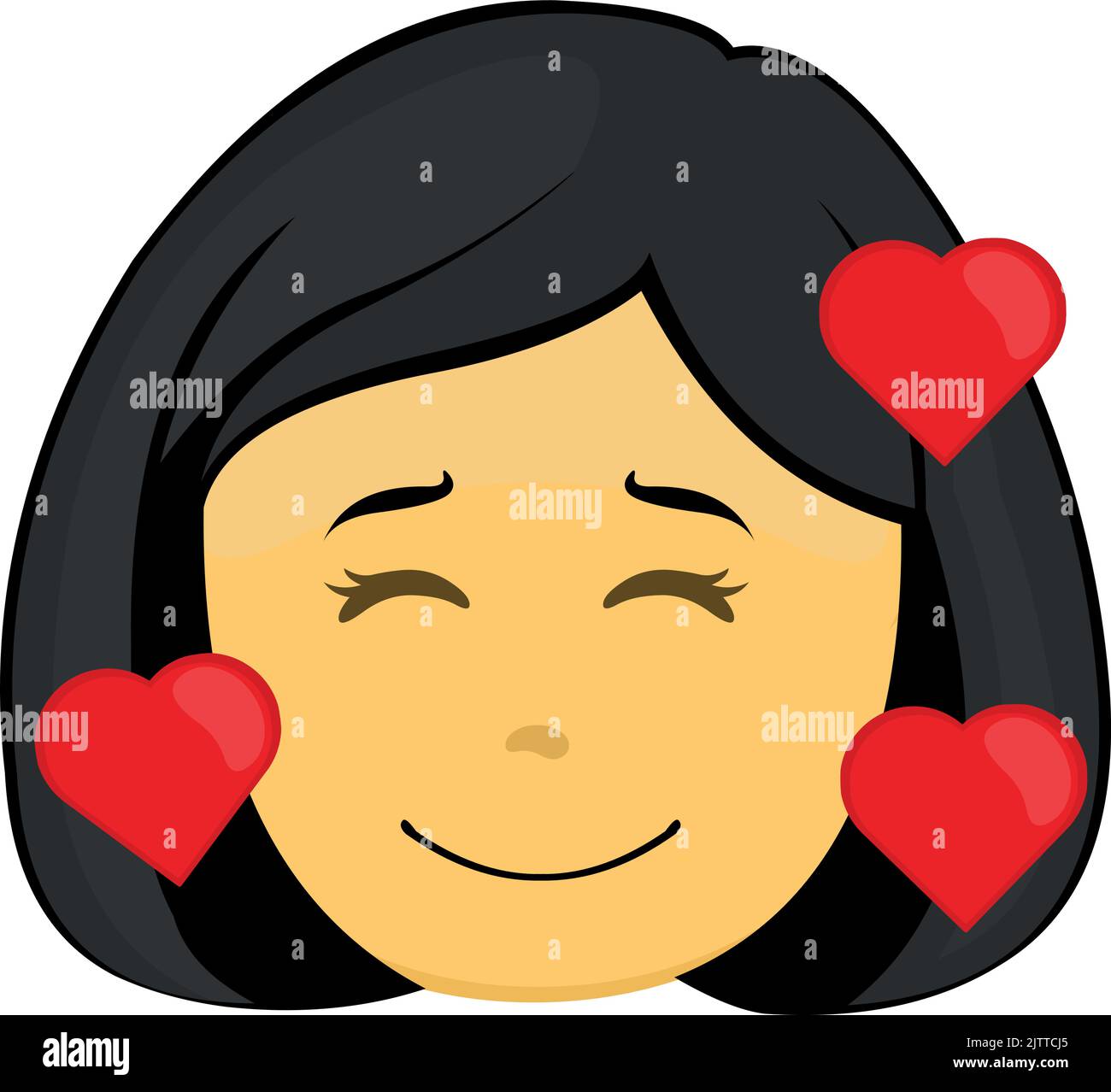 Emoticon vettoriale raffigurazione del volto di una donna cartoon gialla con espressione felice, innamorata e circondata da cuori Illustrazione Vettoriale