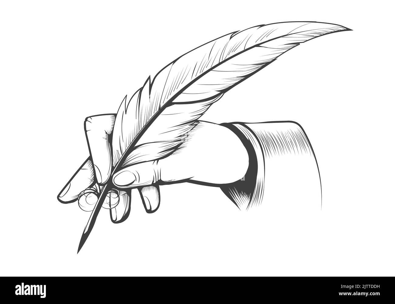 La mano tiene una penna Quill Feather disegnata in stile incisione isolata su bianco. Illustrazione vettoriale Illustrazione Vettoriale