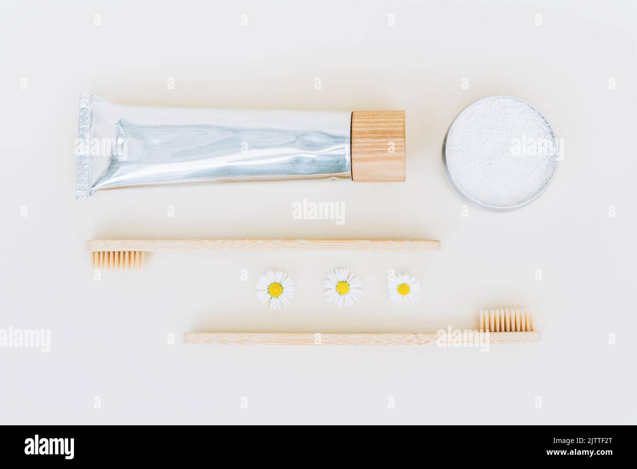 Pacchetto prodotti self-care zero rifiuti - spazzolini da denti in bambù, caolino in polvere da denti e dentifricio biologico a base di erbe in tubo di alluminio su sfondo chiaro. Foto Stock