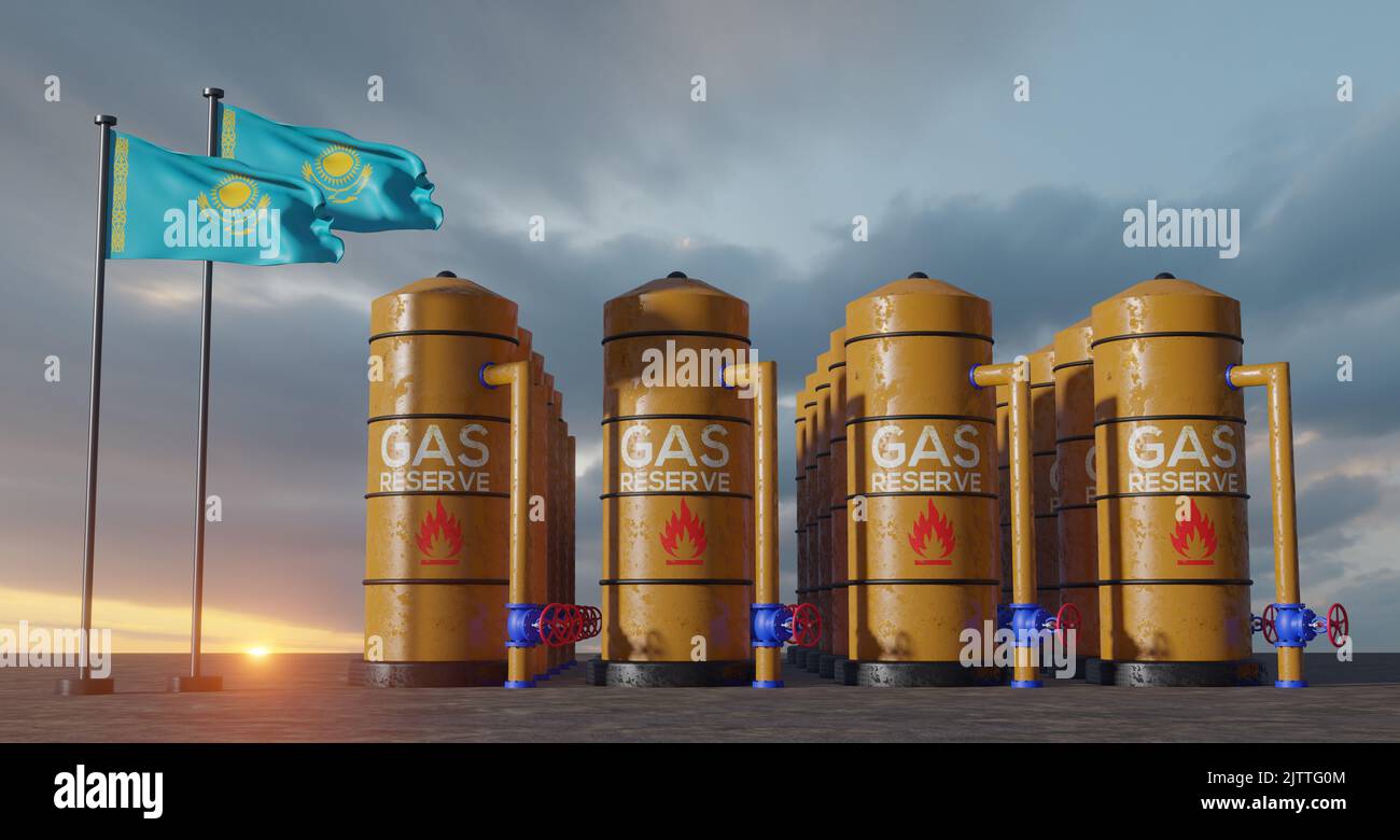 Riserva di gas Kazakhstan, serbatoio di gas Kazakhstan, serbatoio di gas naturale Kazakhstan con bandiera Kazakhstan, sanzione sul gas, 3D lavoro e 3D immagine Foto Stock