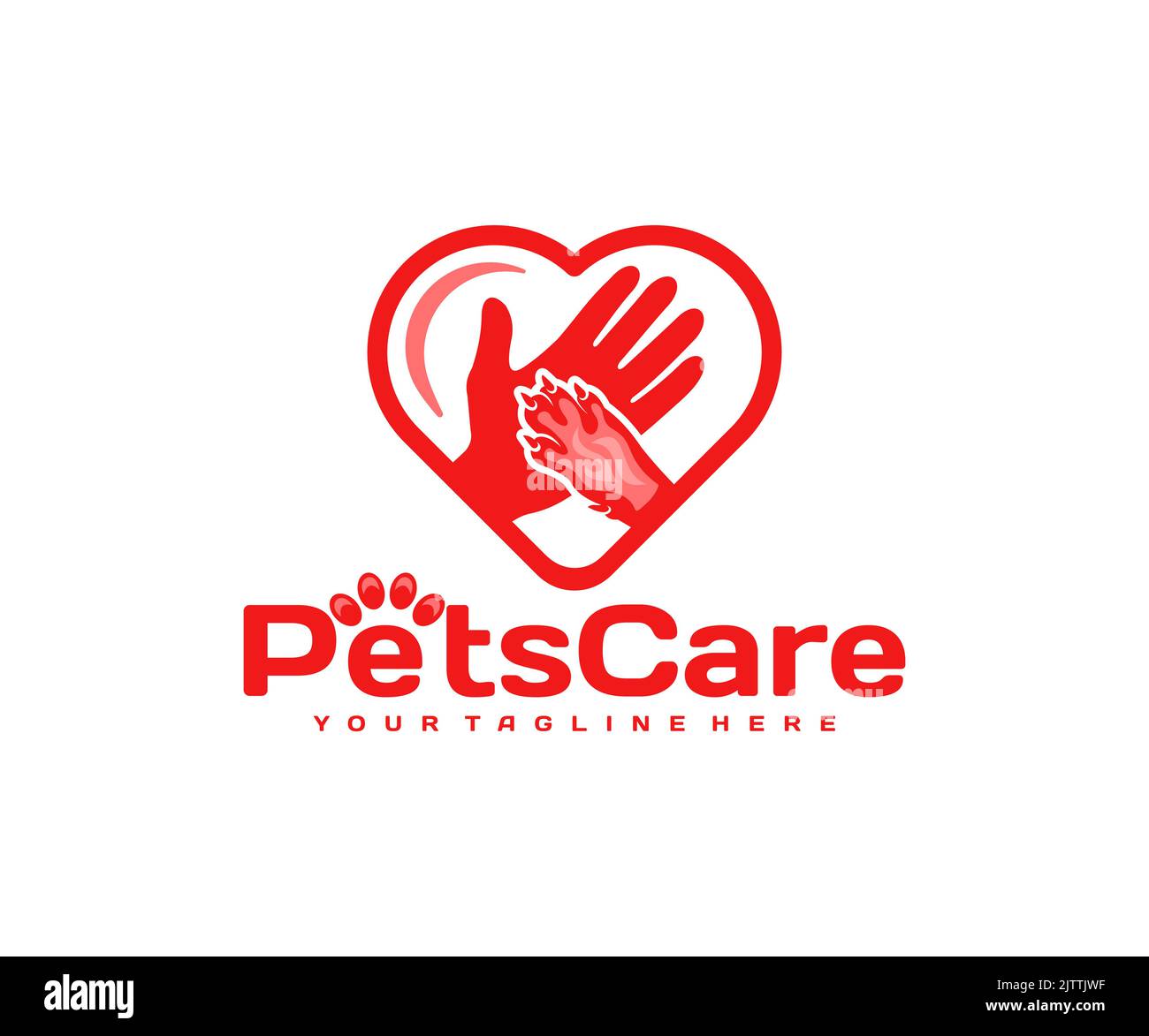 Mano umana e zampa del cane nel cuore, logo design. PET shelter, cura degli animali e animali, disegno vettoriale e illustrazione Illustrazione Vettoriale