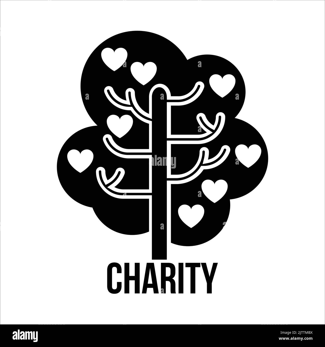 L'albero di carità il cuore lascia sui rami vettore icona nera - segni e simboli del giorno di donazione e della carità del mondo Illustrazione Vettoriale