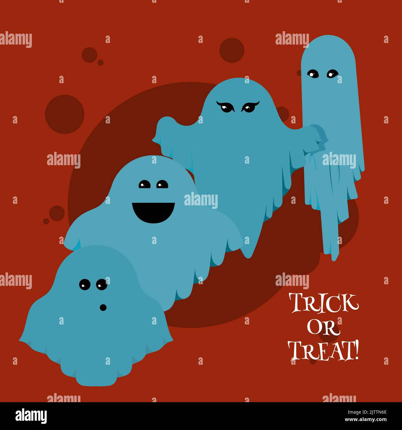 Halloween felice, fantasma, fantasmi blu spaventoso. Carino cartone animato carattere spooky. Viso sorridente, mani. Biglietto d'auguri su sfondo rosso. Illustrazione Vettoriale