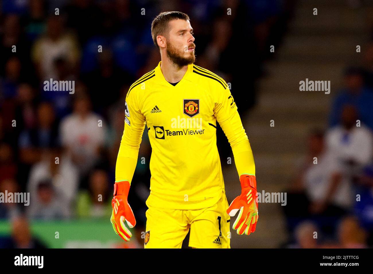 1st settembre 2022; King Power Stadium, Leicester, Leicestershire, Inghilterra; Premier League Football, Leicester City contro Manchester United; David de Gea del Manchester United Foto Stock