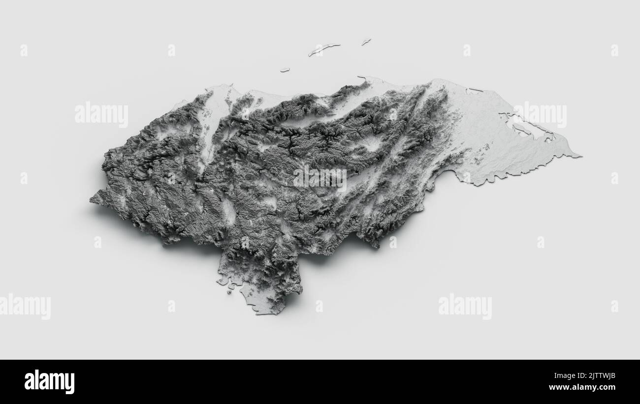 Un'illustrazione in scala di grigi 3D della mappa dell'Honduras con rilievo ombreggiato Foto Stock