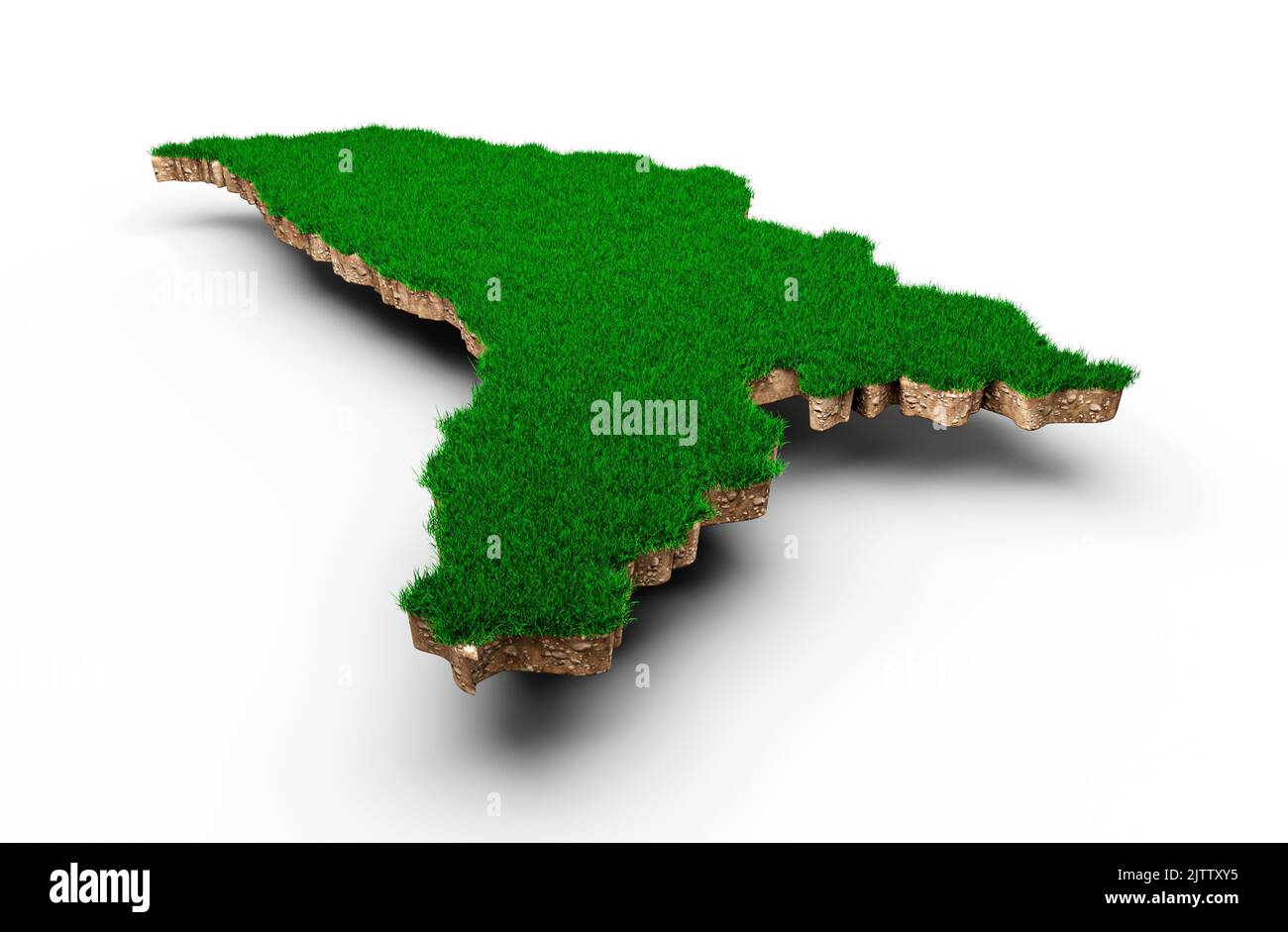 Un'illustrazione 3D della mappa della Moldova con sezione trasversale e erba verde su sfondo bianco Foto Stock