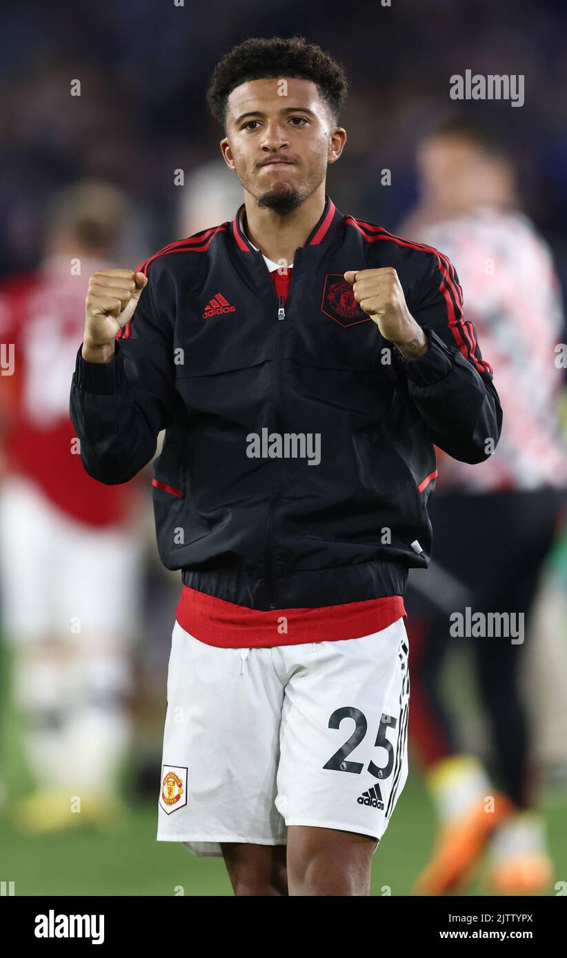Leicester, Inghilterra, 1st settembre 2022. Il marcatore vincente Jadon Sancho del Manchester United celebra la vittoria durante la partita della Premier League al King Power Stadium di Leicester. L'immagine di credito dovrebbe essere: Darren Staples / Sportimage Foto Stock