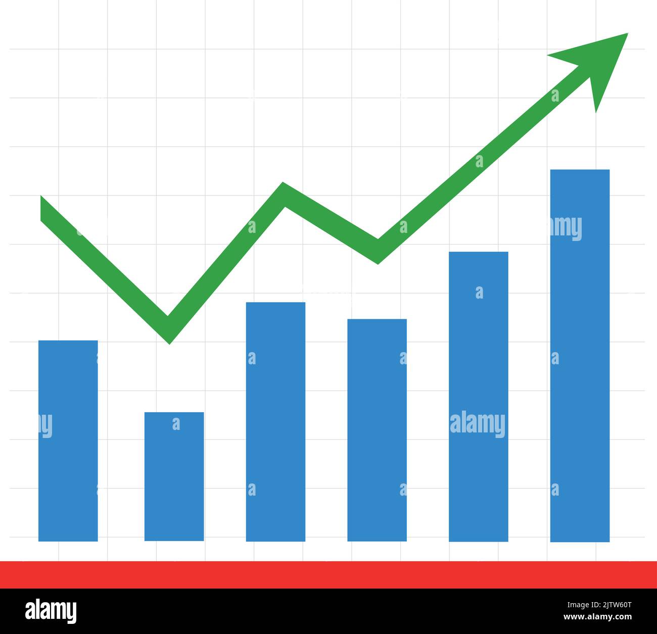 Illustrazione vettoriale di un grafico a barre statistico, con una freccia verde con un trend verso l'alto Illustrazione Vettoriale