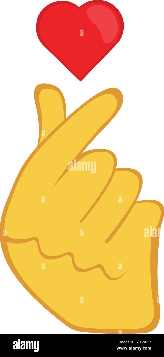 Illustrazione vettoriale di una mano di cartoon giallo che incrocia le dita con un cuore. Gesto coreano classico o da altre culture asiatiche nel senso dell'amore Illustrazione Vettoriale