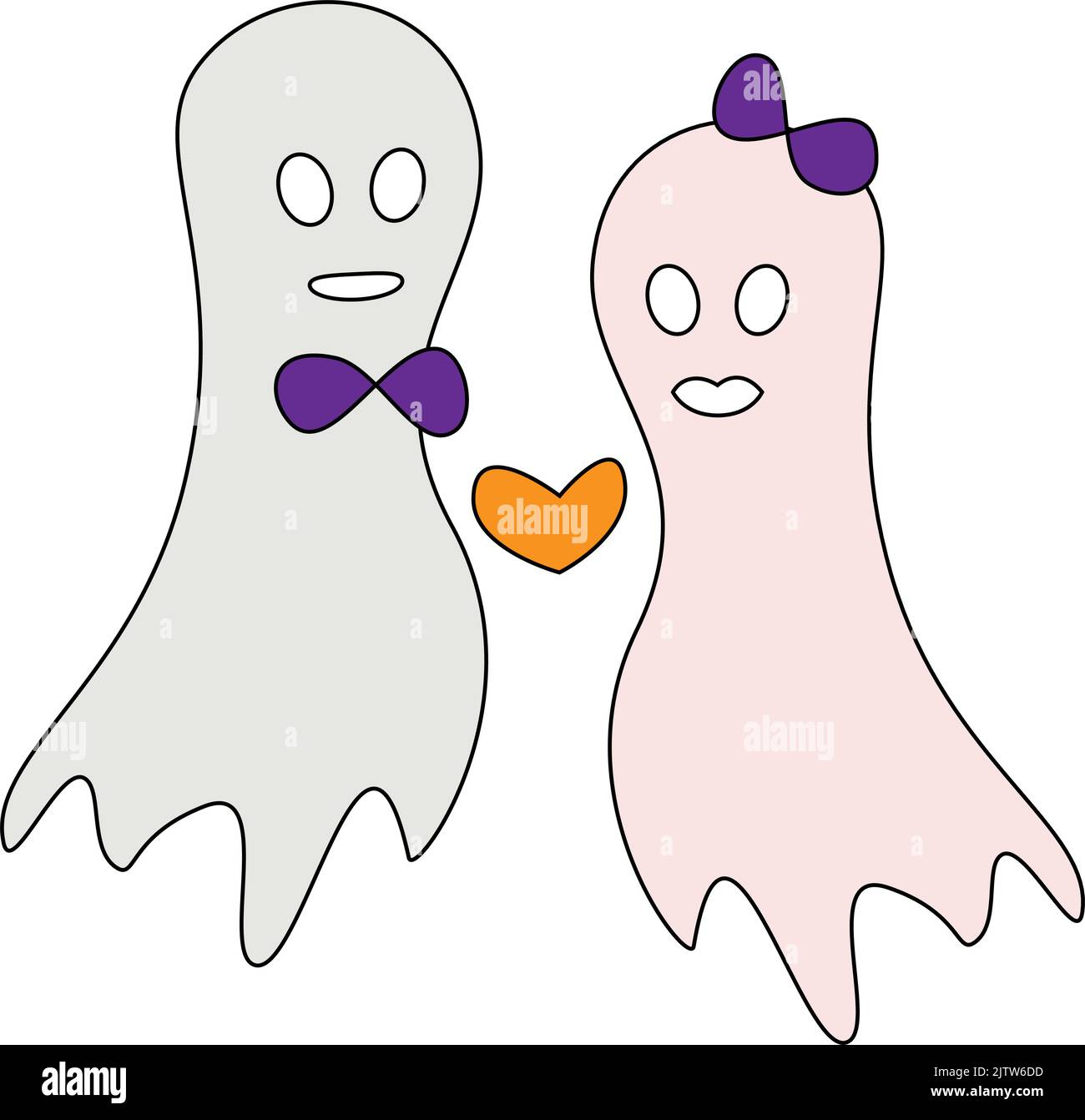 Due fantasmi innamorati su uno sfondo trasparente in tonalità trendy. Set vettoriale per Halloween. Isolare. Halloween felice. Design di stampa alla moda. Adatto per lettere, poster, messaggi di saluto, carta da imballaggio, striscioni Illustrazione Vettoriale