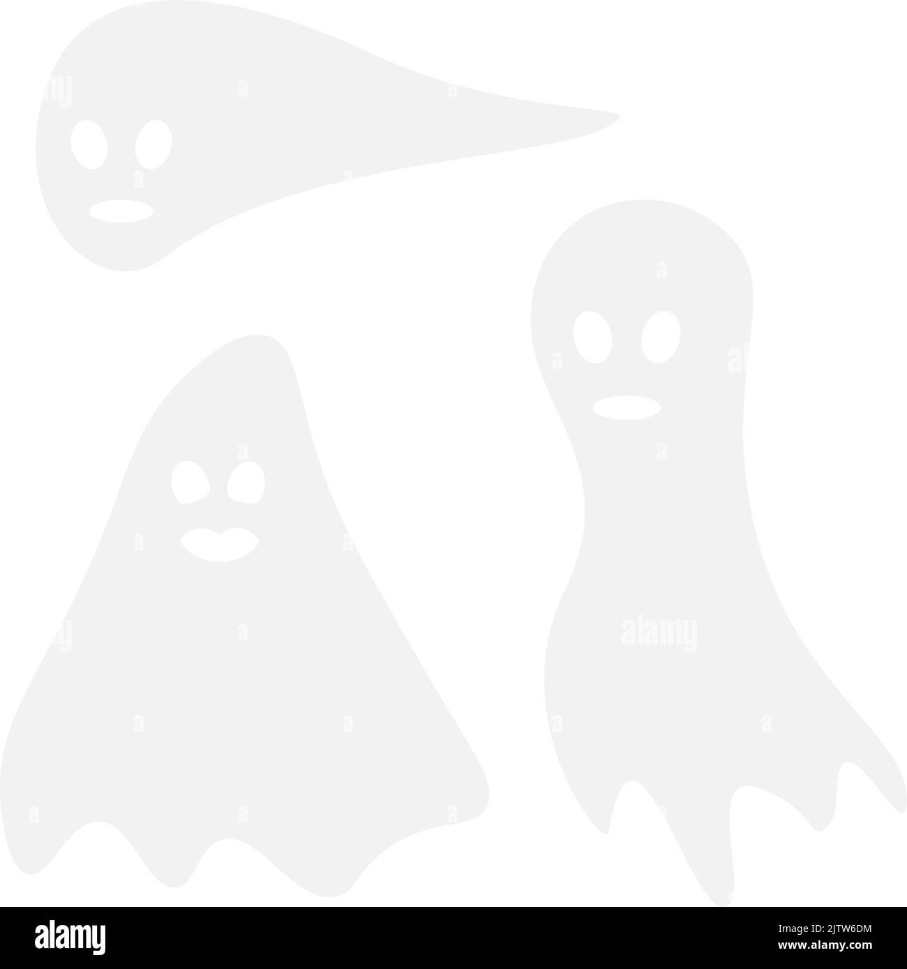 Set vettoriale di tre fantasmi per Halloween su sfondo trasparente in tonalità di grigio alla moda. Isolare. Halloween felice. Design di stampa alla moda. Adatto per lettere, poster, messaggi di saluto, imballaggio, striscioni Illustrazione Vettoriale