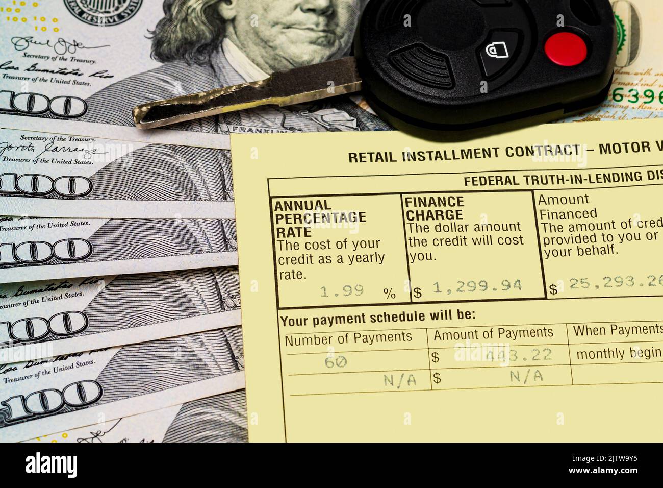 Contratto di prestito auto, chiave auto e denaro contante. Tasso di interesse, credito e concetto di debito. Foto Stock