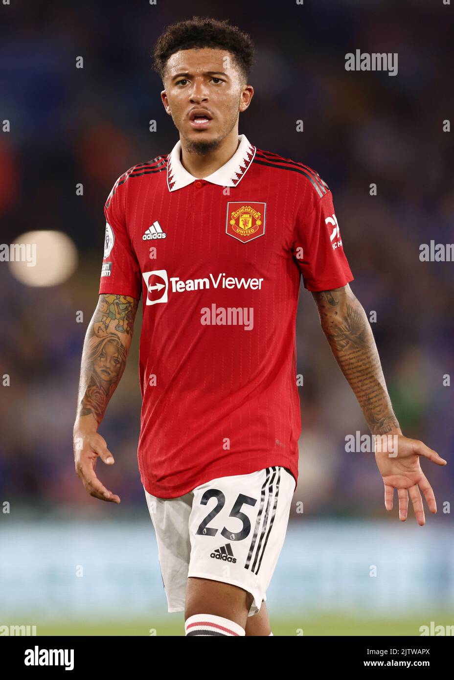 Leicester, Inghilterra, 1st settembre 2022. Jadon Sancho del Manchester United durante la partita della Premier League al King Power Stadium di Leicester. L'immagine di credito dovrebbe essere: Darren Staples / Sportimage Foto Stock
