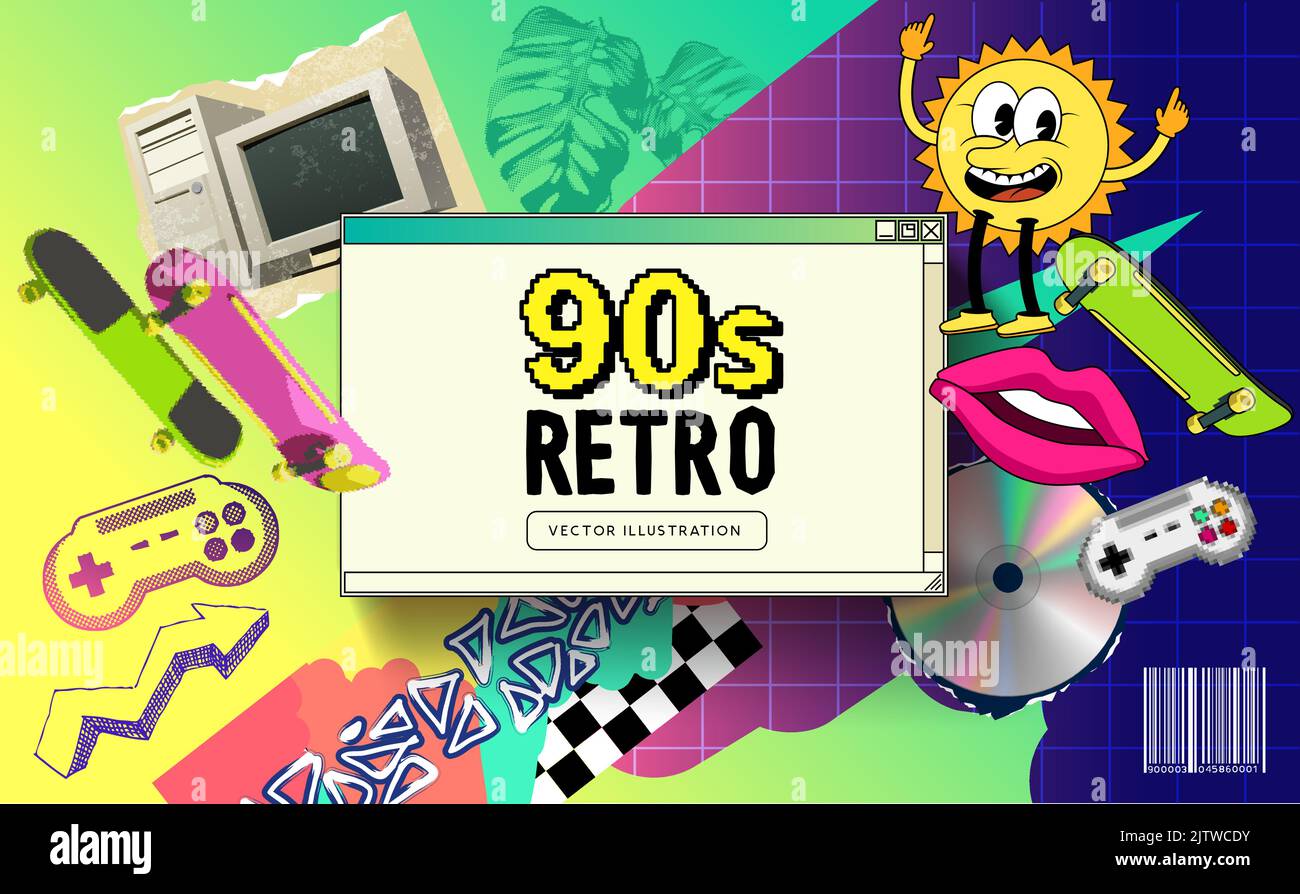1990s cornice a tema sullo sfondo retrò con iconici oggetti e motivi degli anni '90. Illustrazione vettoriale. Illustrazione Vettoriale