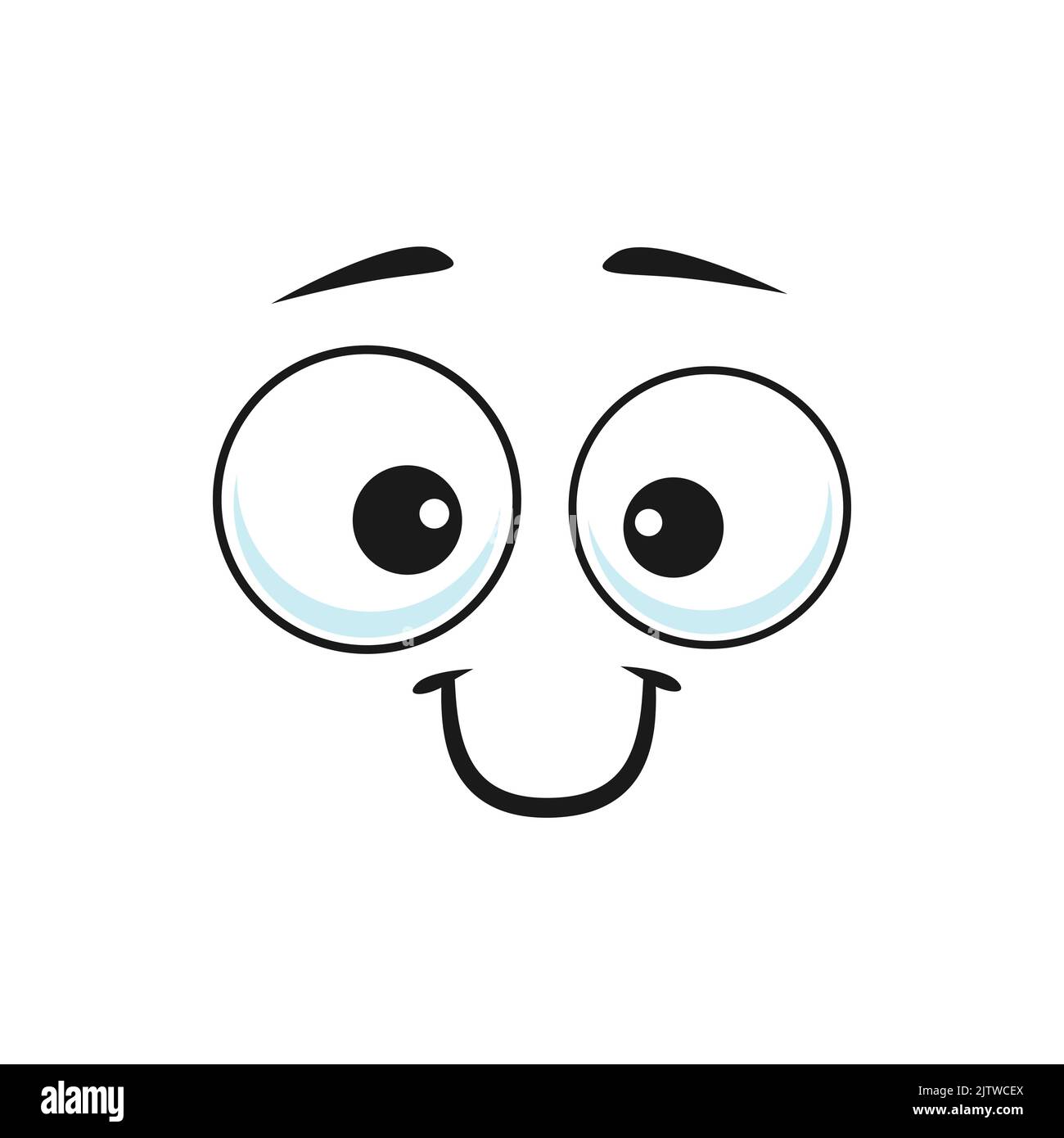 Cartone animato sorridente faccia vettore divertente emoji con amichevole scenario sorriso e gli occhi rotondi. Felice espressione facciale, sentimenti positivi isolati su sfondo bianco Illustrazione Vettoriale