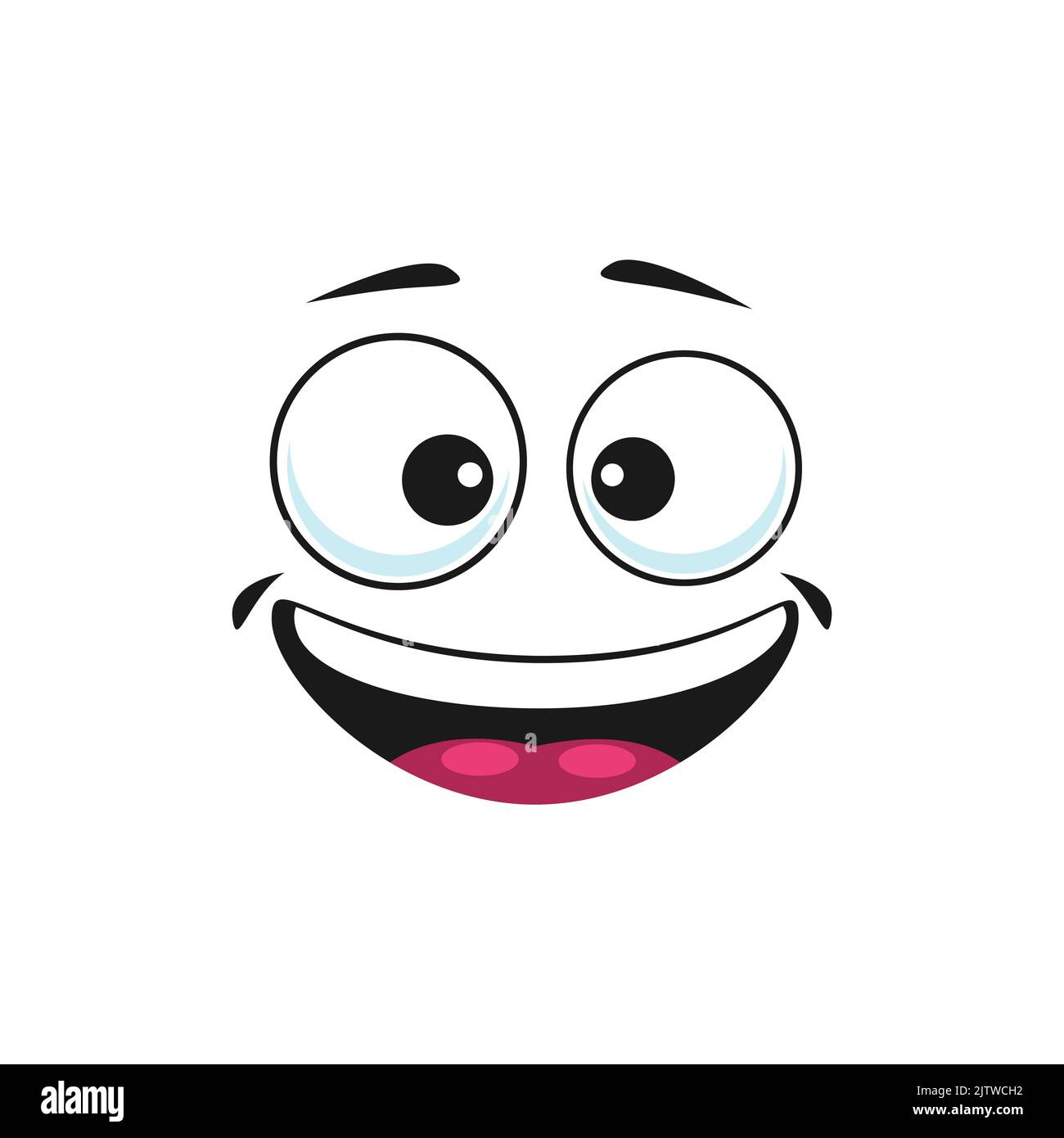 Buon cartone animato faccia isolato vettore largo sorriso felice emoji facciale. Divertente emozione gioiosa, volto comico con bocca sorridente e toothy beato e occhi goggle rotondi isolati su sfondo bianco Illustrazione Vettoriale