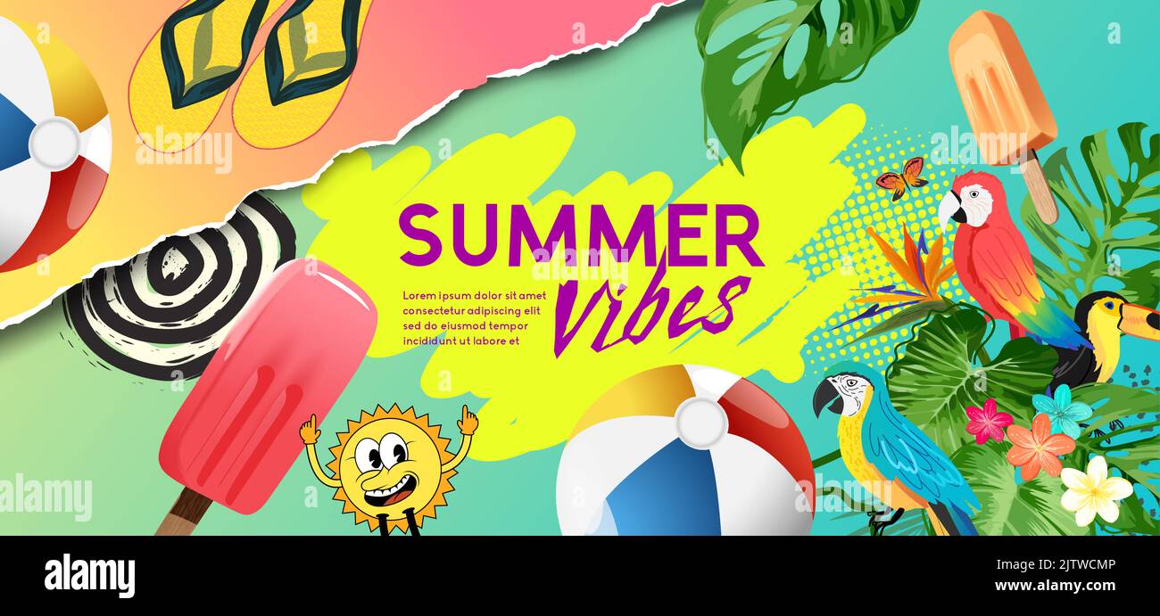 Colorato sfondo collage tropicale per le vacanze estive. Illustrazione vettoriale. Illustrazione Vettoriale