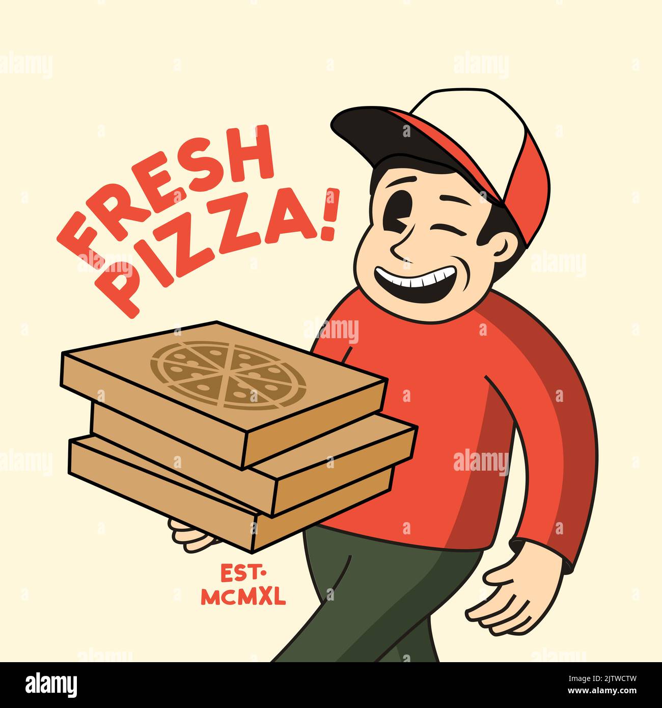 Carattere di consegna di fast food vintage con pizza fresca. Illustrazione vettoriale. Illustrazione Vettoriale