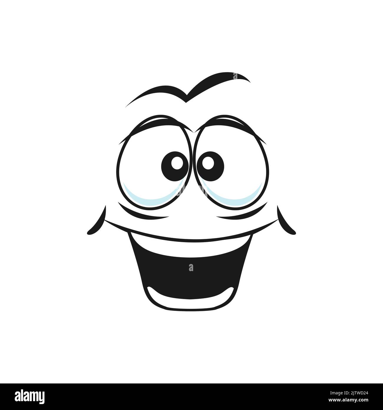 Buon volto di cartone animato con un ampio sorriso toothy, emoji facciali eccitati. Divertente emozione vettoriale. Volto comico con bocca aperta sorridente e occhi di occhiali isolati su sfondo bianco Illustrazione Vettoriale