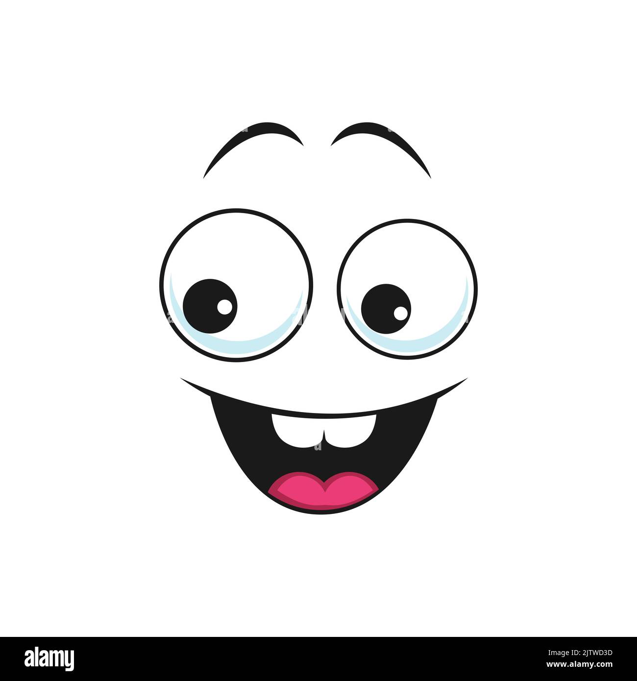 Faccia felice eccitata, emoji vettoriale del cartone animato con il sorriso largo, espressione facciale di felicità. Volto comico con bocca sorridente e toothy e occhi rotondi. Divertente emot Illustrazione Vettoriale
