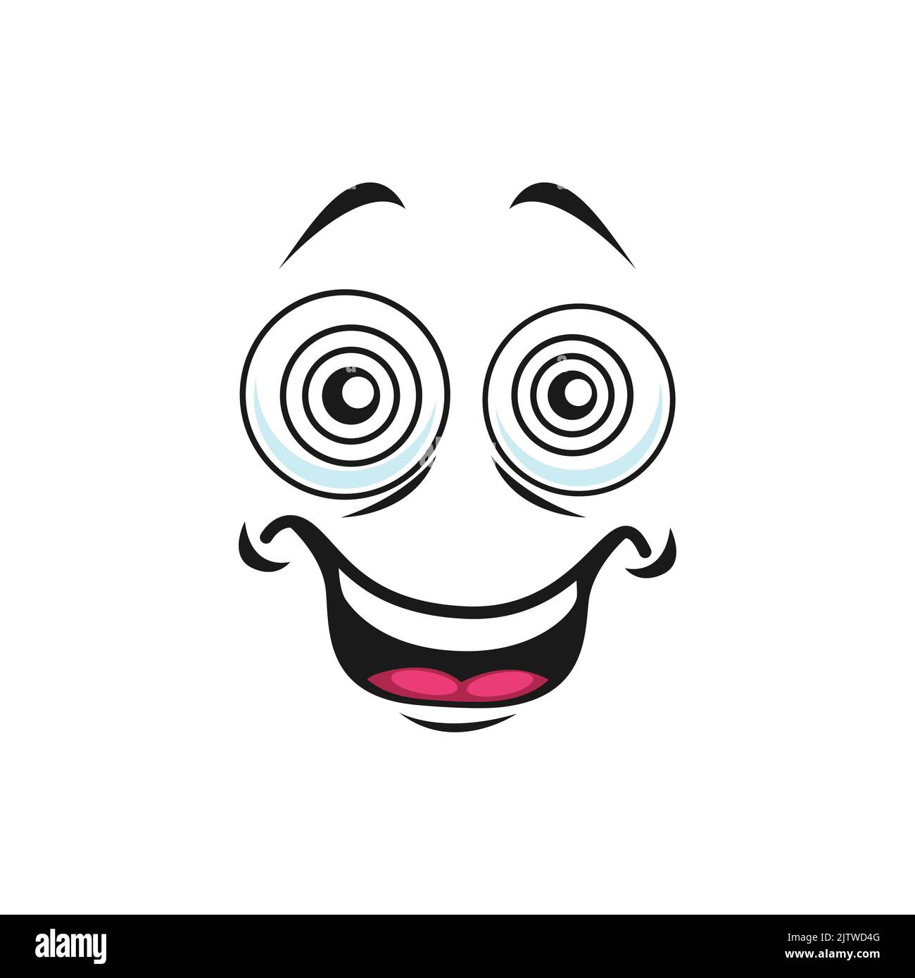 Hypnotized cartone animato faccia isolato vettore felice sorriso facciali emoji di creatura divertente. Emozione felice, volto comico con bocca sorridente e toothy e occhiare gli occhi rotondi con spirali Illustrazione Vettoriale