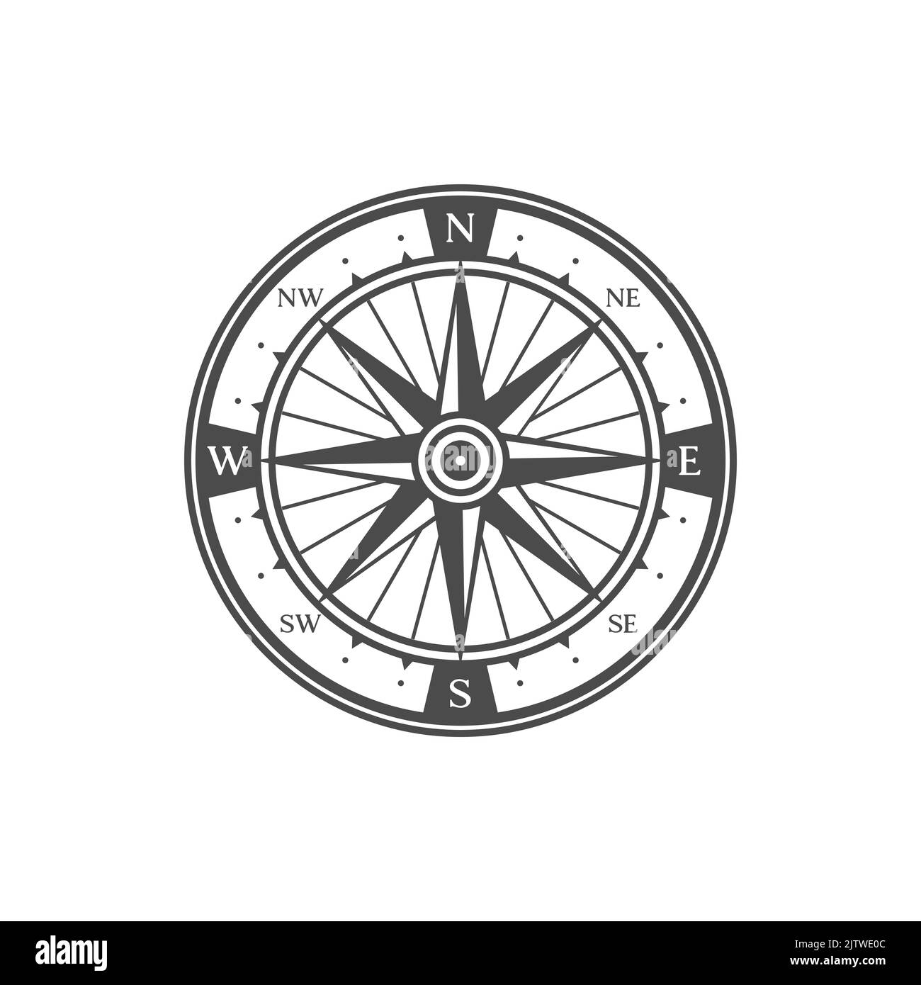 Bussola vintage, cartografia medievale simbolo. Indicazioni stradali, simbolo vettoriale antico del vento rosa di navigazione. Pittogramma di viaggio marino o antico ma Illustrazione Vettoriale