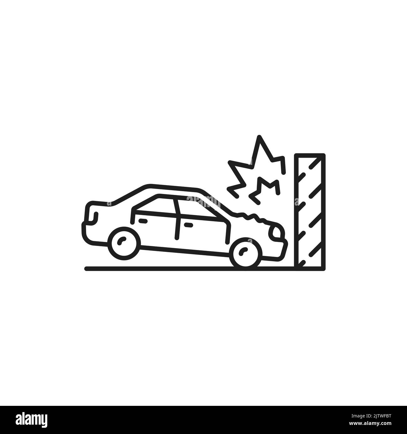 Icona della linea di collisione, collisione o danno dell'auto. Icona vettore di collisione vettura su strada a linee sottili. Pittogramma di guida e sicurezza ubriachi, danni all'automobile, simbolo di violazione delle regole del traffico con l'auto che si schiantava sul muro Illustrazione Vettoriale