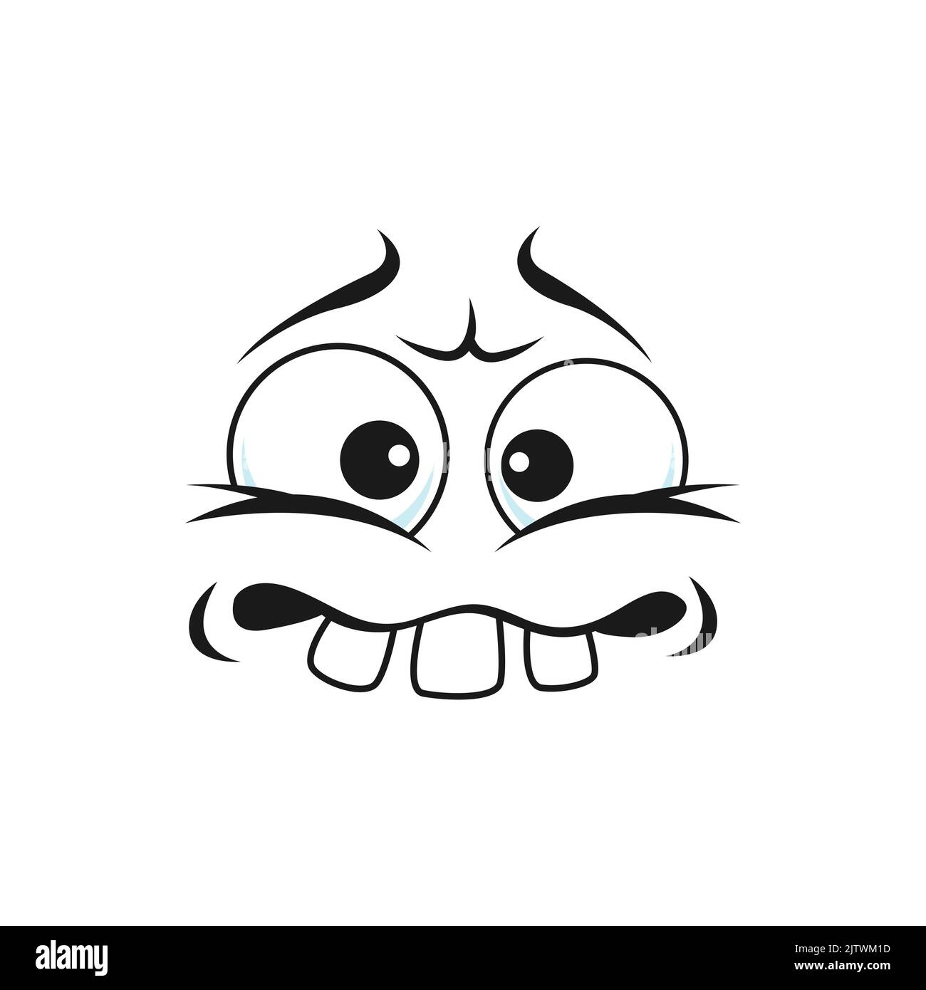 Cartoon faccia dentata, vettore disgruntled emoji facciali con bastone su denti. Creatura divertente, emozione confusa, personaggio comico con bocca toothy e occhi rotondi squinted isolato personaggio stupido Illustrazione Vettoriale