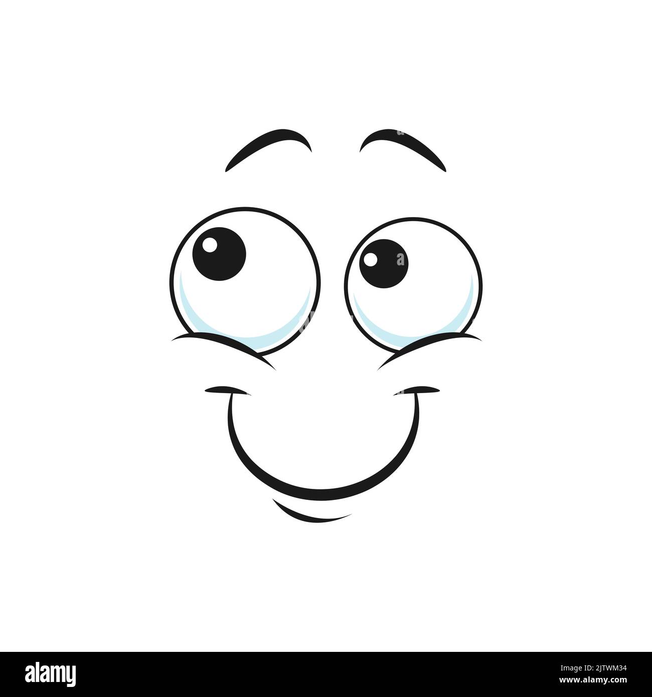 Cartone animato sorridente faccia vettore divertente emoji con amichevole scenario sorriso e gli occhi rotondi. Felice espressione facciale, sentimenti positivi, carino personaggio sognante guardare in su, emozioni di gioia, gioia Illustrazione Vettoriale