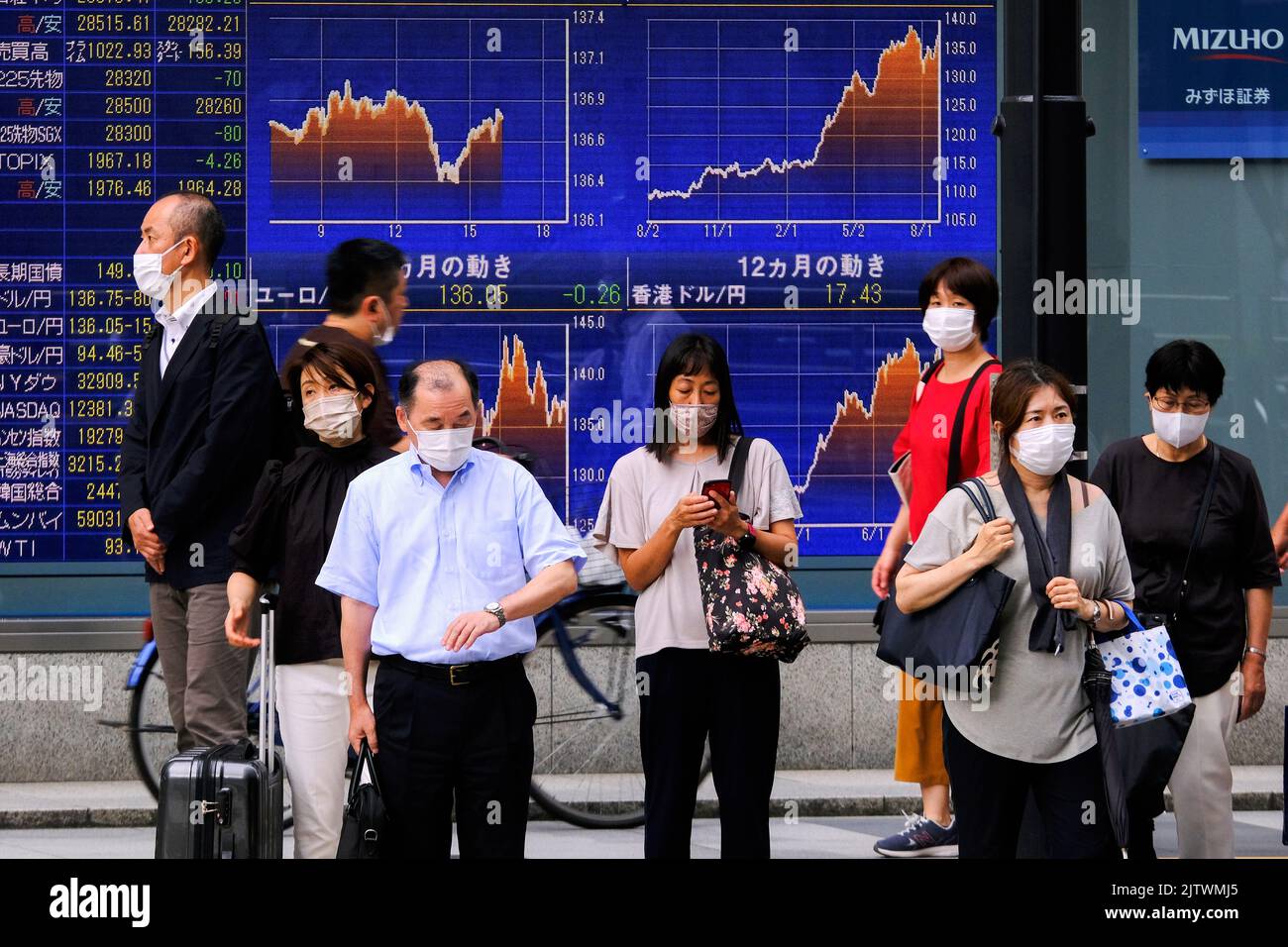 Tokyo, Giappone. 24th ago, 2022. Le persone che indossano maschere facciali passano davanti a uno schermo che mostra indici azionari Nikkei in media e in tutto il mondo al di fuori di un brokeraggio, in mezzo alla pandemia di coronavirus a Tokyo. (Foto di James Matsumoto/SOPA Images/Sipa USA) Credit: Sipa USA/Alamy Live News Foto Stock