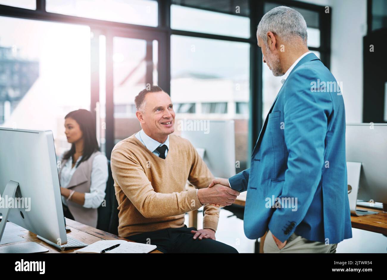 È fantastico avere a bordo due bei uomini d'affari maturi che si stringono le mani in ufficio. Foto Stock