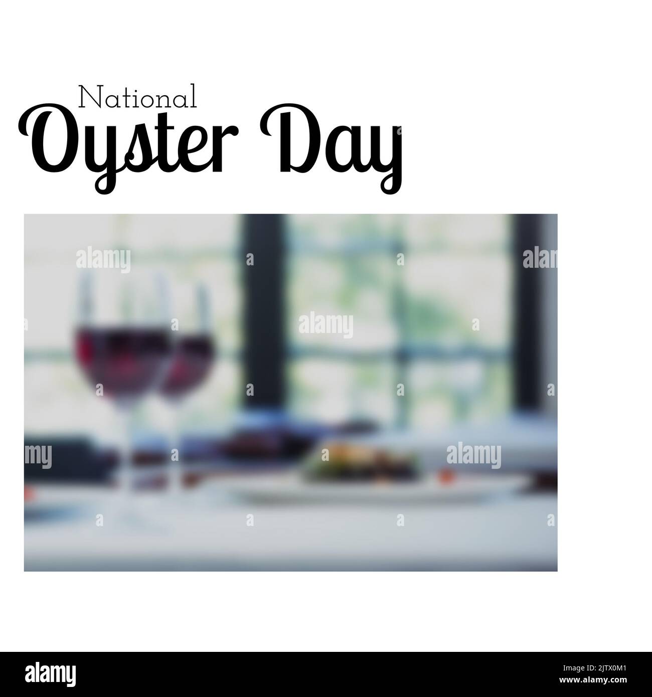 Composito digitale di testo nazionale di ostriche e wineglasses con cibo servito in piatto sul tavolo Foto Stock