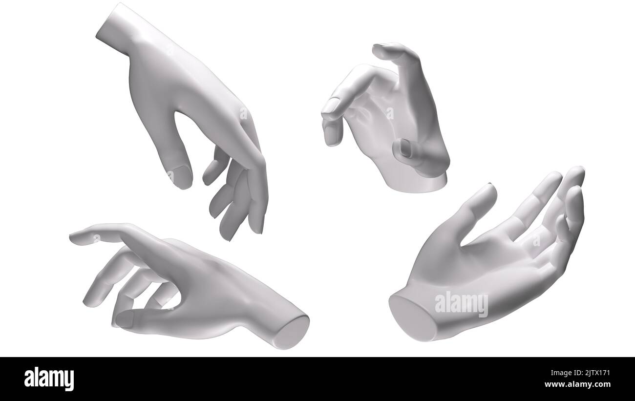 mano manichino con diverse pose, gesti e angolazioni - 3d rendering della scultura a mano isolata su sfondo bianco Foto Stock