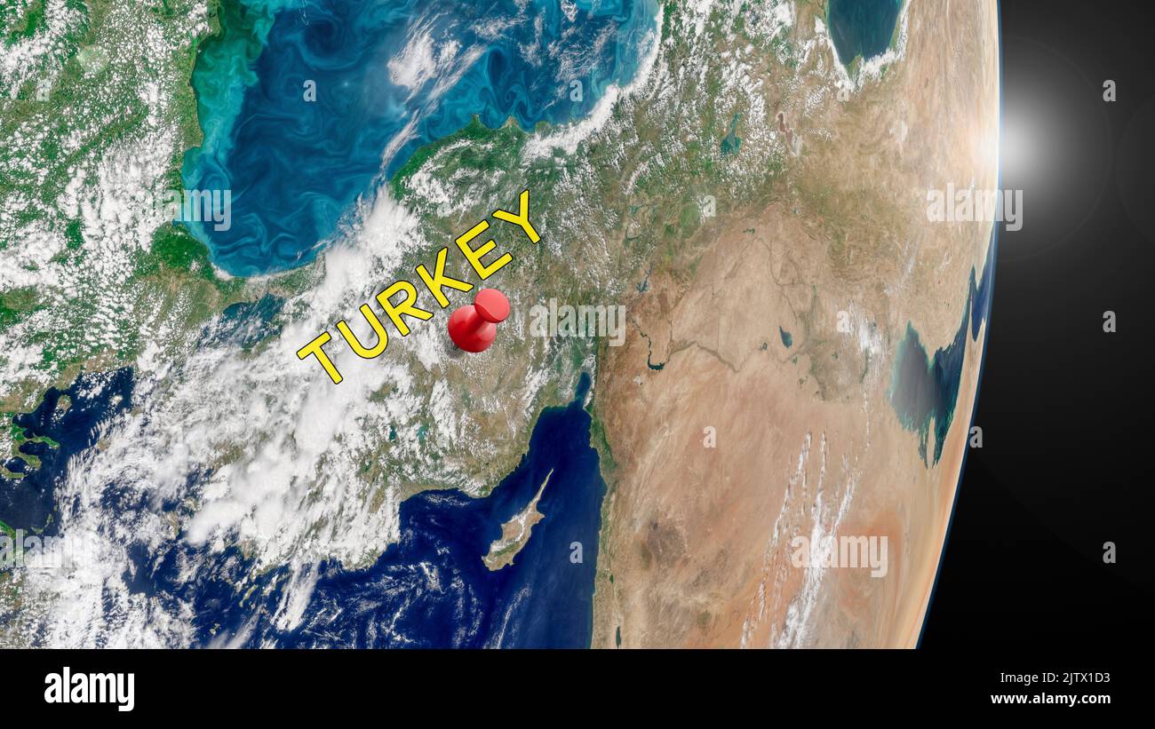 Paese della Turchia fissato sulla mappa della Terra. Concetto di viaggio in Turchia. Immagine satellitare. Elementi di questa immagine forniti dalla NASA. Foto Stock