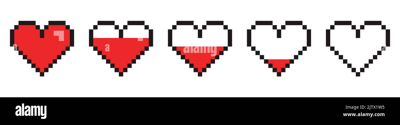 Cuore di gioco a 8 bit piatto di alta qualità, icona della barra di vita. Pittogramma, gruppo di icone, illustrazione. Utile per siti Web, banner, biglietti d'auguri, app e social media Foto Stock