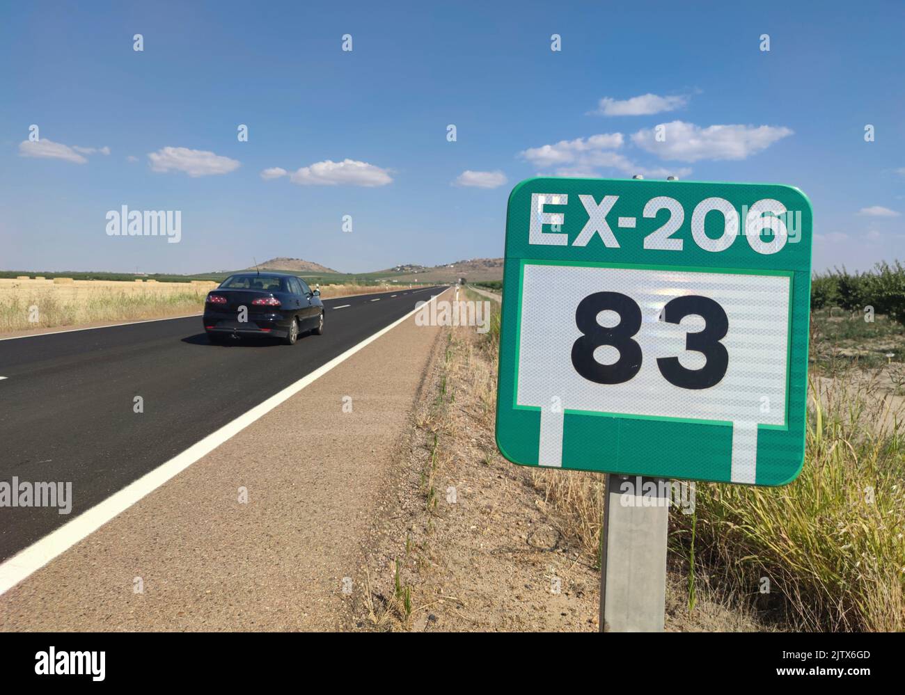EX-303 segnaletica stradale. Autostrada interregionale che si estende da Caceres a Villanueva de la Serena, Estremadura, Spagna. Foto Stock