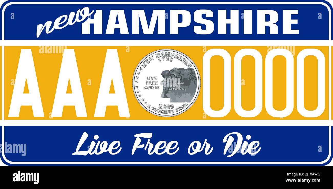 Marcatura delle targhe dei veicoli nel New Hampshire negli Stati Uniti d'America, targhe dei veicoli. Numeri di patente di guida dei diversi stati americani. Vintage Illustrazione Vettoriale