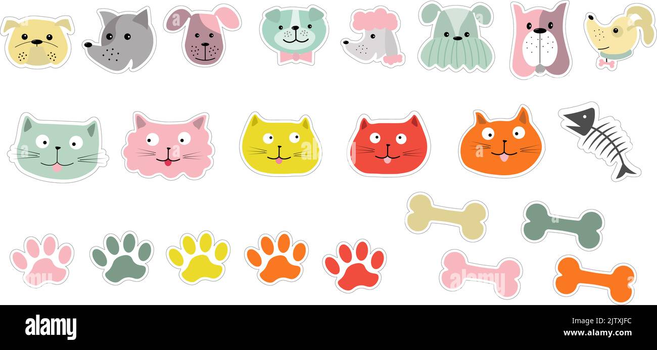Un set di adesivi con muzzle di animali - gatti e cani, zampe e ossa. Illustrazione Vettoriale