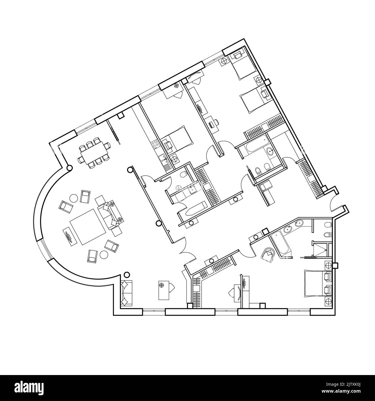 Pianta architettonica dell'appartamento. Disegno tecnico. Vista dall'alto con un set di mobili e attrezzature idrauliche. Illustrazione Vettoriale