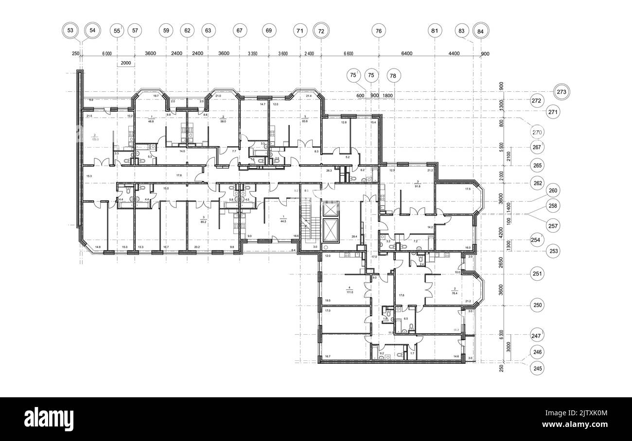 Pianta architettonica dettagliata, disposizione degli appartamenti, progetto. Disegno vettoriale della pianta di un edificio residenziale a più piani Illustrazione Vettoriale