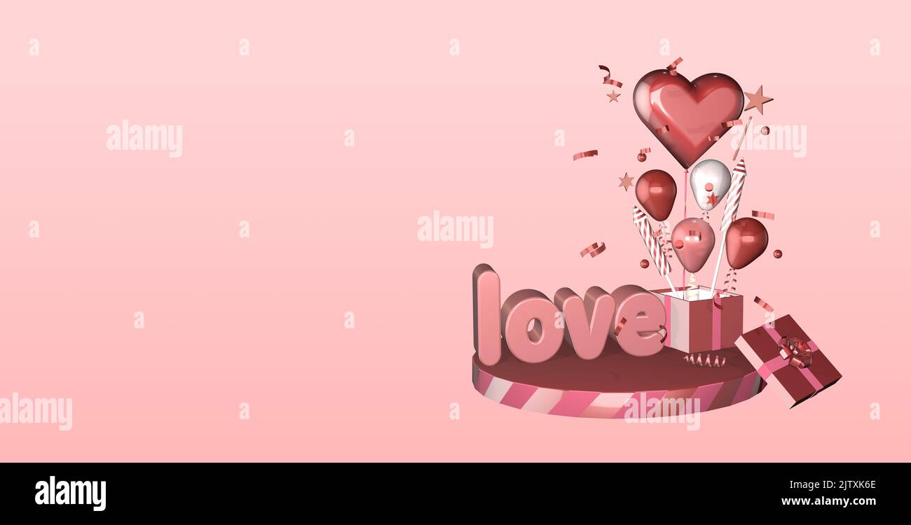 3D San Valentino sfondo giorno madri sfondo banner compleanno banner palloncini parola d'amore adatto per le madri giorno San Valentino compleanno Foto Stock