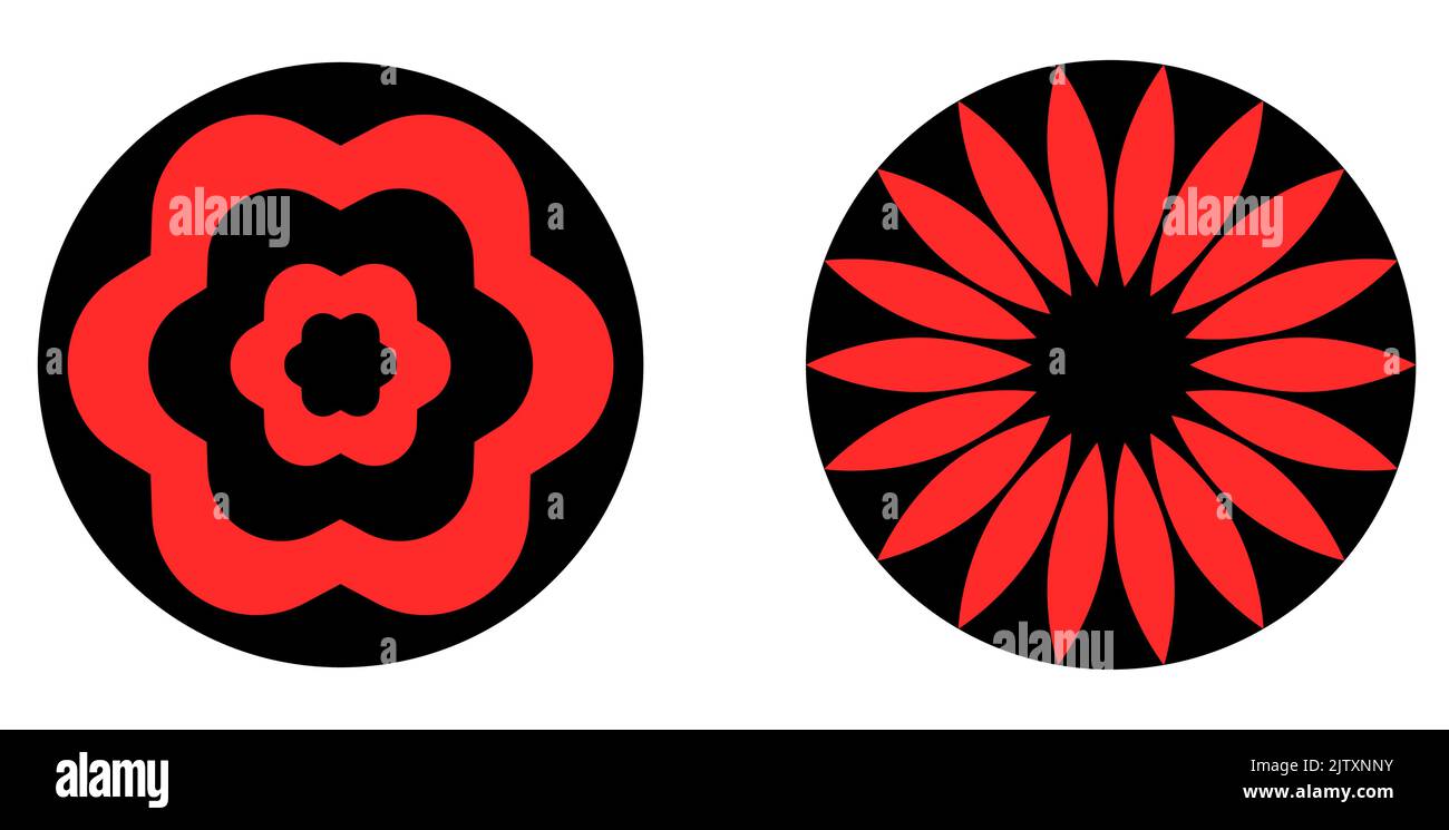Set di elementi a forma circolare, disegni floreali rossi su cerchi neri Illustrazione Vettoriale