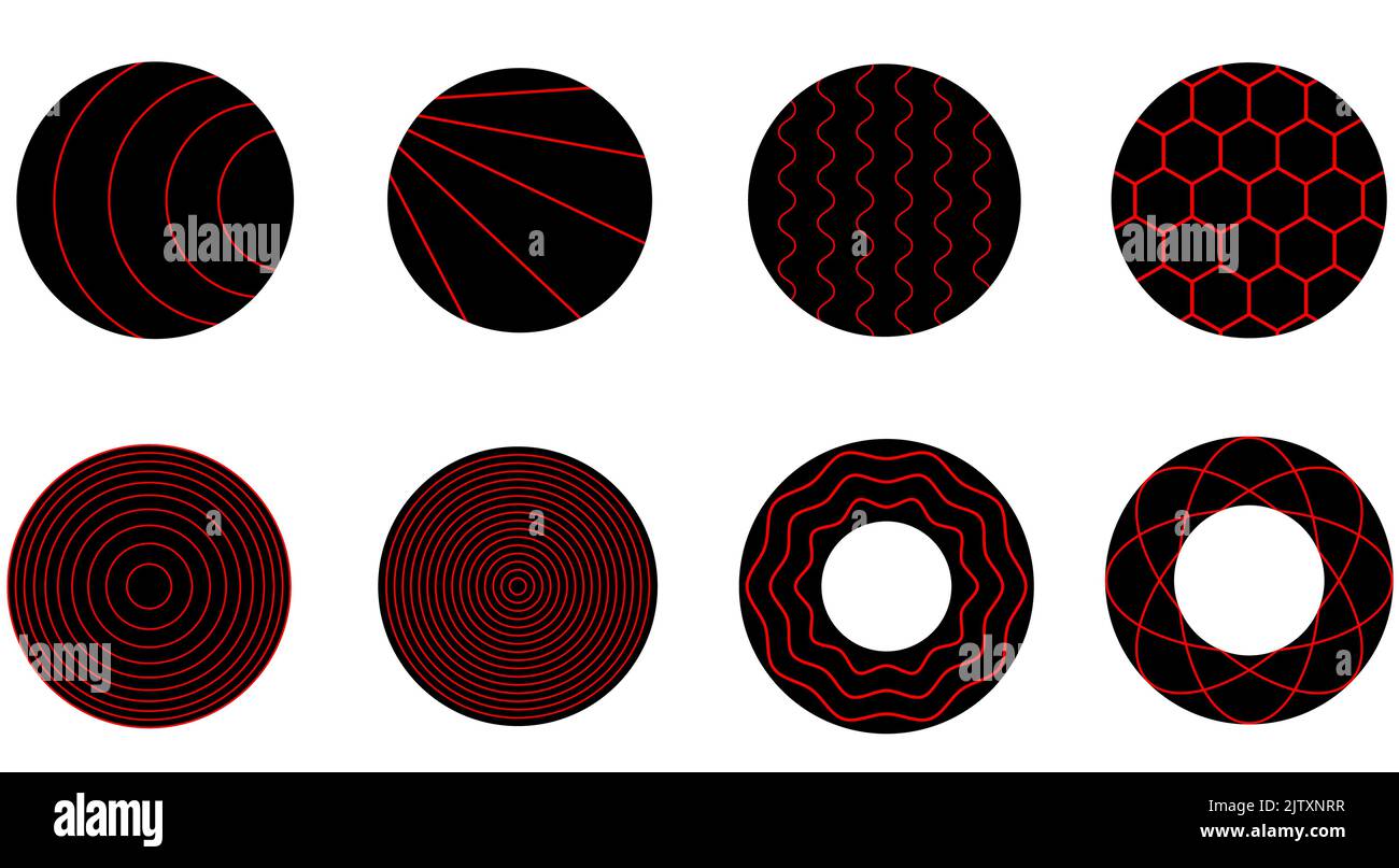 Strisce disegno vettoriale geometrico di colore rosso. Set di diversi disegni di geometria circolare, per la progettazione creativa, contorni rossi, linee e s. Illustrazione Vettoriale