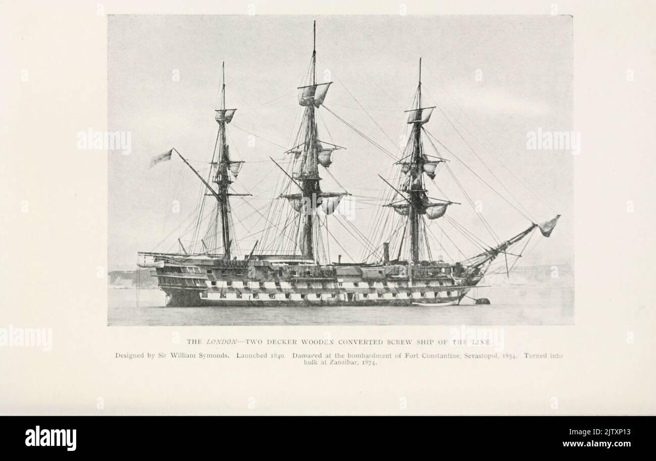 HMS London Two Decker Wooden Converted Screw Ship of the Line (1840) dalle immagini di William Lionel Wyllie nel libro ' The British Battle Fleet; il suo inizio e la sua crescita nel corso dei secoli fino ai giorni nostri ' Foto Stock