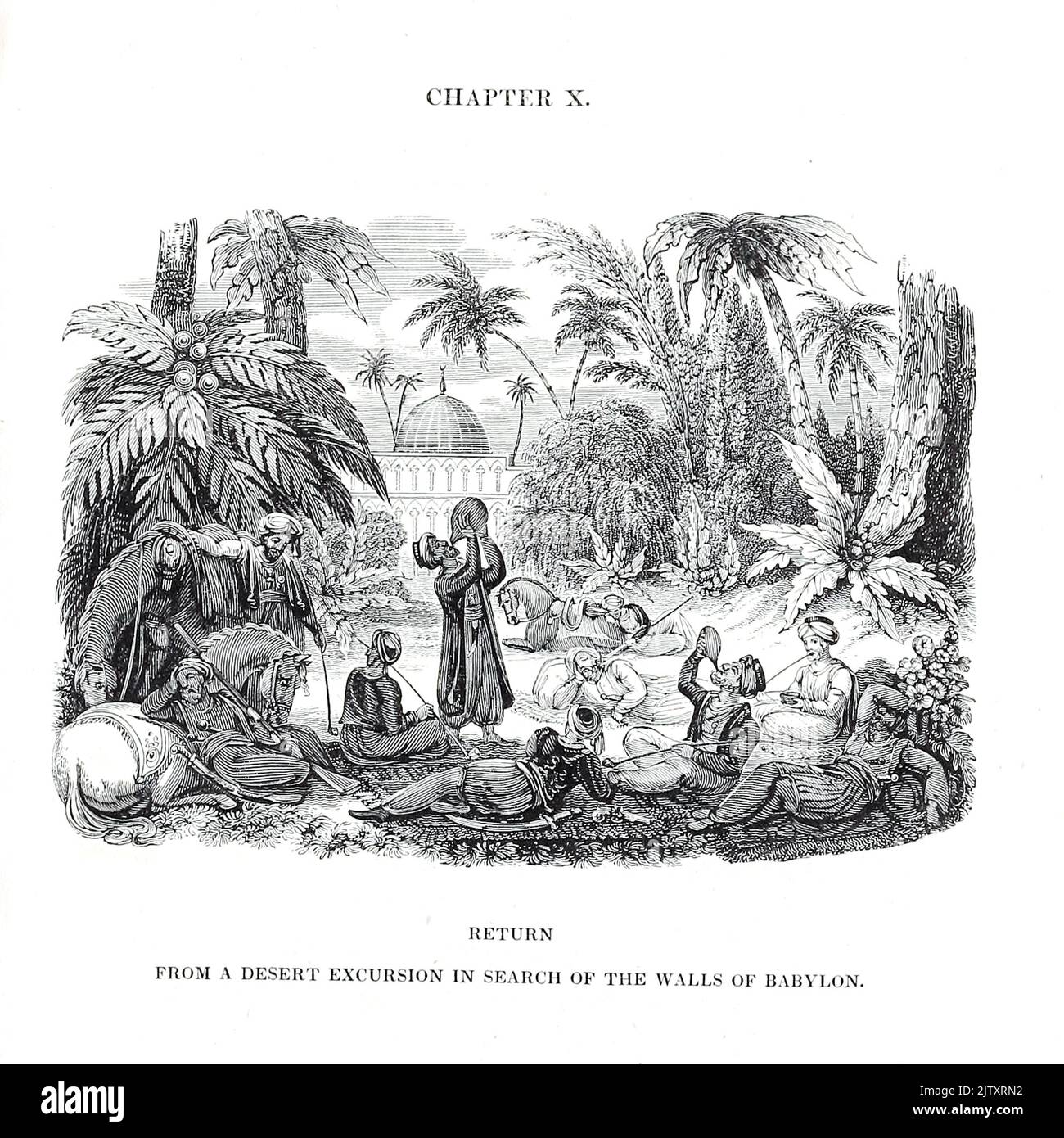 Ritorno da un'escursione nel deserto alla ricerca delle mura di Babilonia (incise da Dodd) dal libro 'Viaggi in Mesopotamia. Compreso un viaggio da Aleppo, attraverso l'Eufrate a Orfah [Urfa], (l'Ur dei Caldei) attraverso le pianure dei Turcomani, ' da Buckingham, James Silk, 1786-1855 Volume 2 Data di pubblicazione 1827 Editore Londra, H. Colburn Foto Stock