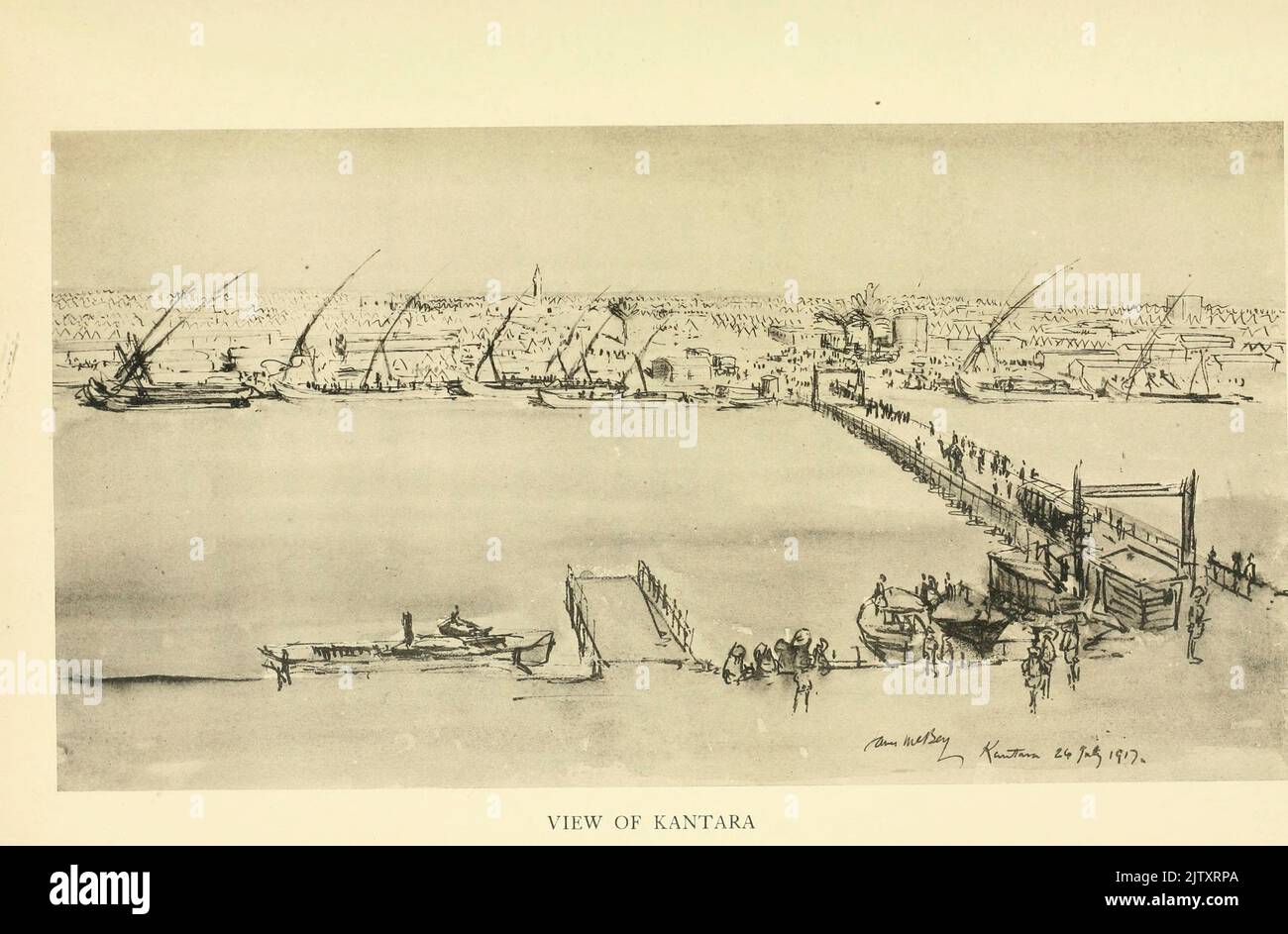 VISTA DI KANTARA aka El Qantara, al qantara, città egiziana nord-orientale su entrambi i lati del canale di Suez, dal libro ' NILO AD ALEPPO ' DAL CAPITANO DI CENA HECTOR. ESERCITO AUSTRALIANO ILLUSTRATO DA JAMES MCBEY EDITORE NEW YORK, MACMILLAN 1920 AL CAVALIERE LEGGERO DELL'AUSTRALIA E AI CAVALLI CHE SI SONO LEVATI ACCANTO A LORO QUESTO LIBRO È DEDICATO Foto Stock