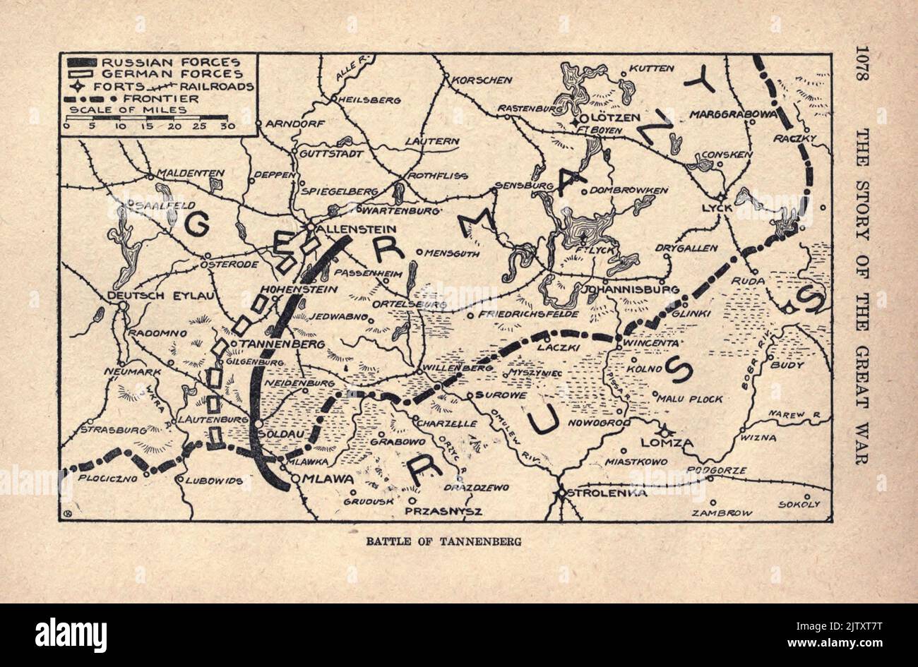 Mappa della BATTAGLIA DI TANNENBERG dal libro la storia della grande guerra; la storia completa degli eventi fino ad oggi DIPLOMATICI E DOCUMENTI DI STATO di Reynolds, Francis Joseph, 1867-1937; Churchill, Allen Leon; Miller, Francis Trevelyan, 1877-1959; Wood, Leonard, 1860-1927; Knight, Austin Melvin, 1854-1927; Palmer, Frederick, 1873-1958; Simonds, Frank Herbert, 1878-; Ruhl, Arthur Brown, 1876 - pubblicato nel 1920 Foto Stock