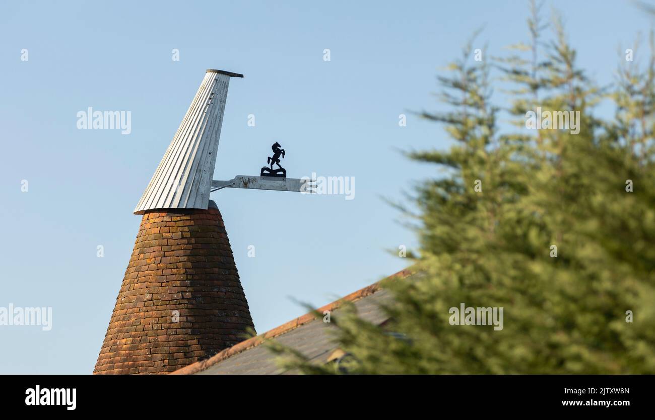 Tetto e tegole di una piccola luppolo inglese nella campagna del kent in una serata luminosa e soleggiata Foto Stock