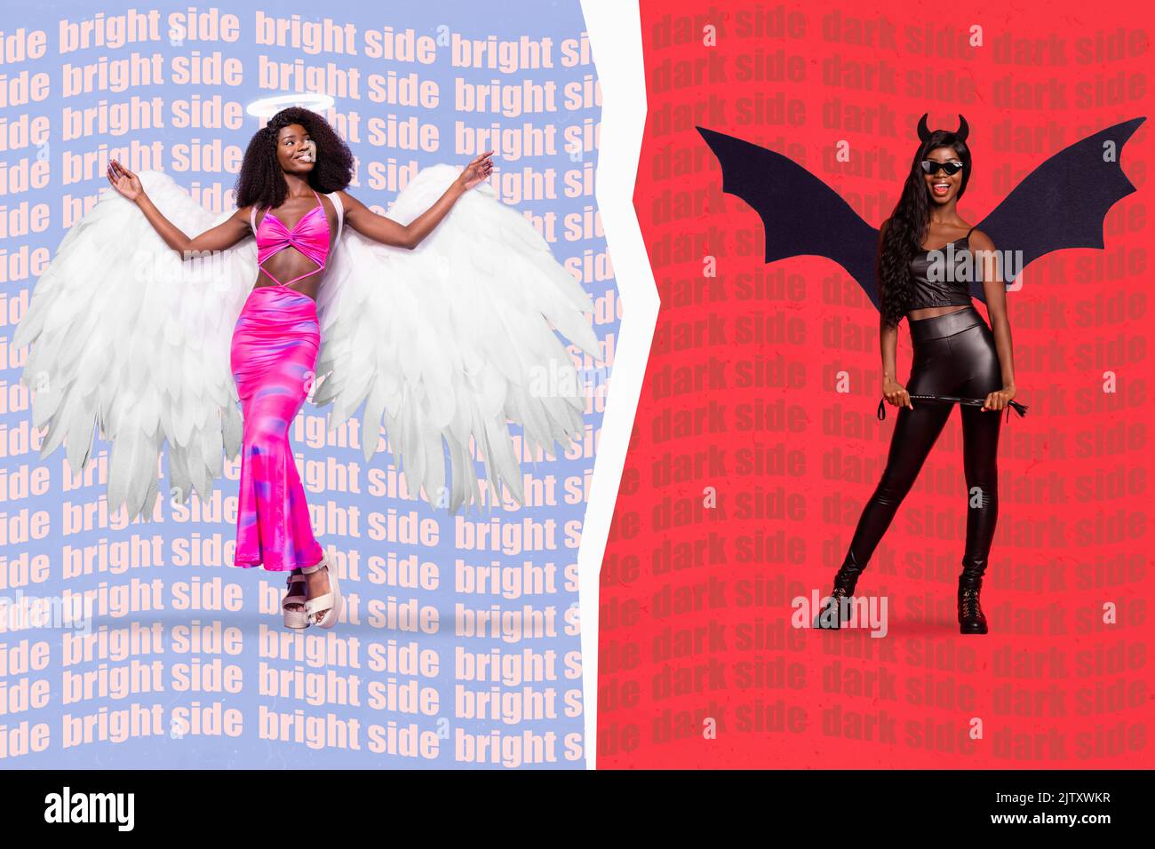 Immagine collage composita di due ragazze lato scuro male lato luminoso angelo isolato su sfondo creativo diviso Foto Stock