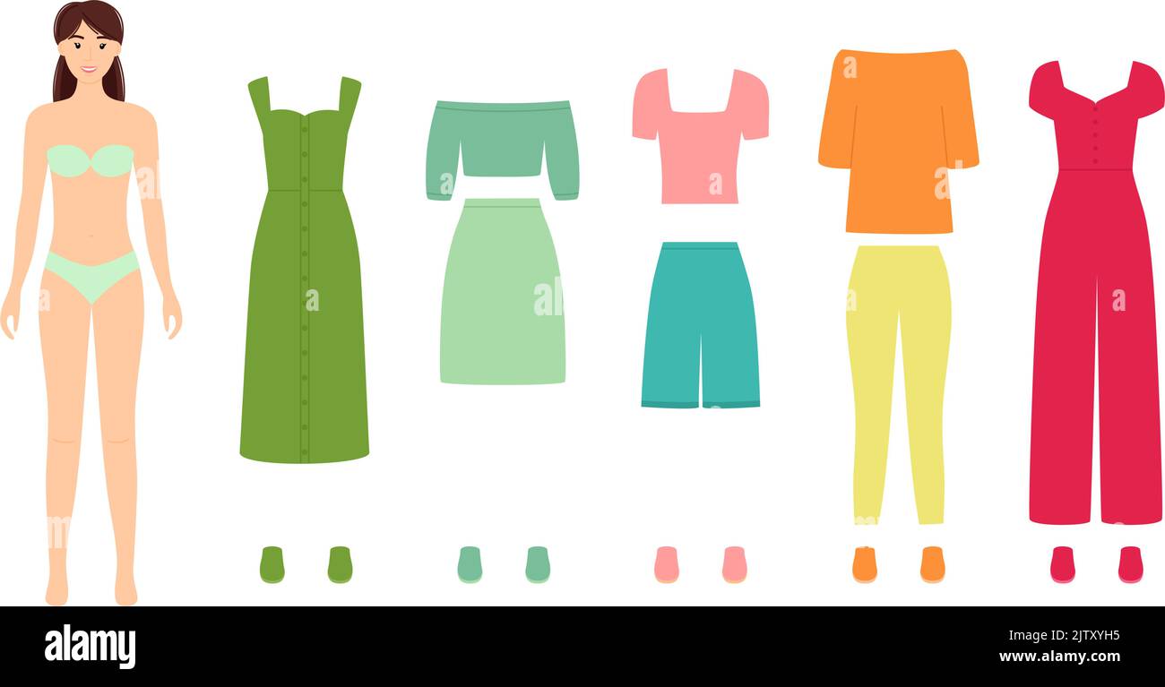 Bambola di carta con abiti di moda per eventi diversi, illustrazione vettoriale Illustrazione Vettoriale